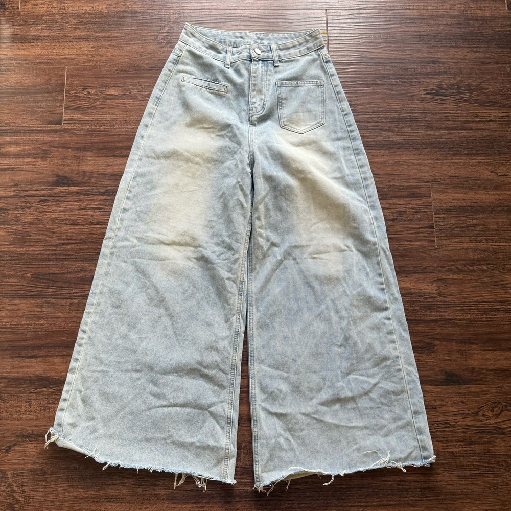 Y2K Extreme Wide Leg Denim Culottes 90s Grunge Raw Hem Baggy Skater Jeans 28x27